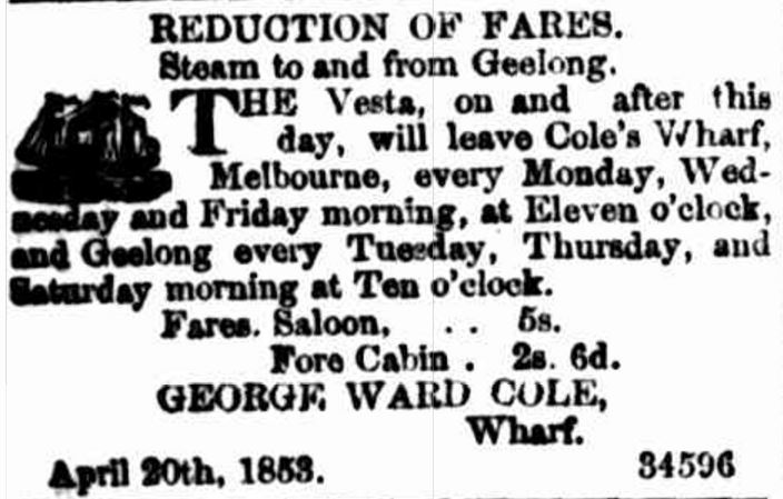 Argus - Vesta Steamer Reduced Fares - 12 May 1853