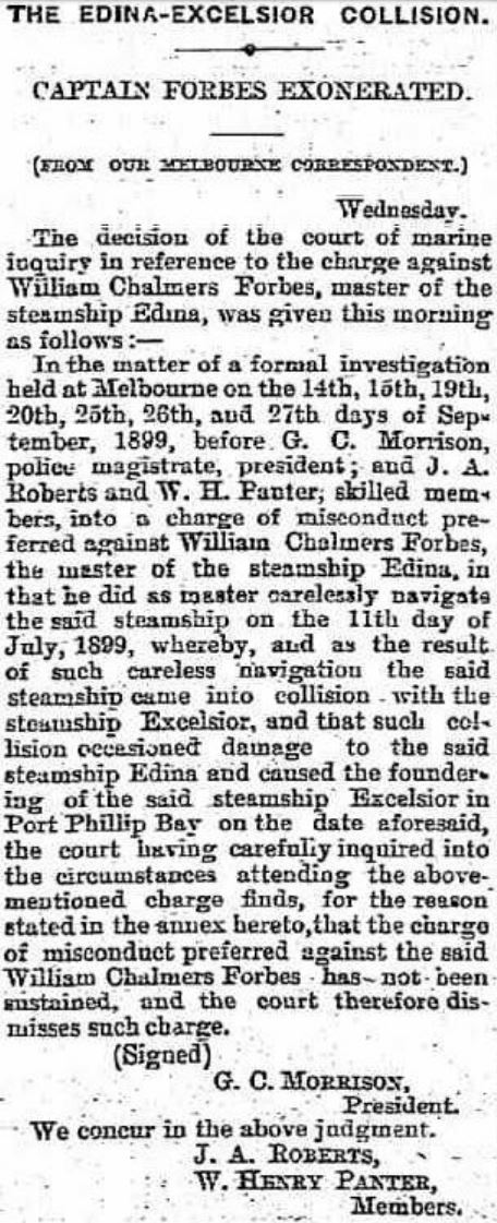 Geelong Advertiser (Vic) - The Edina-Excelior Collision - 29 Sep 1899