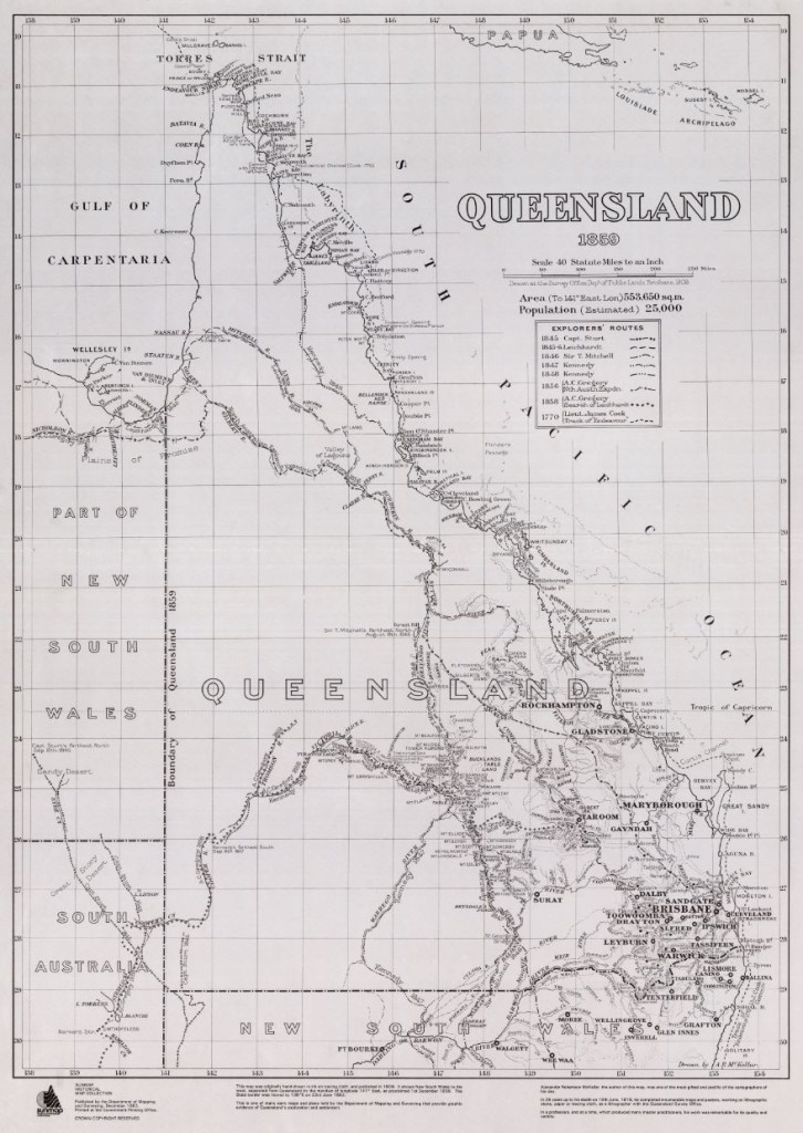 Map of Queensland – 1859 – including Explorers Routes