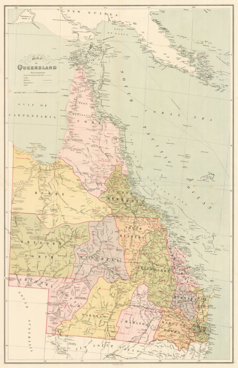 Map of Queensland – 1886 – including Districts, Roads, Railways