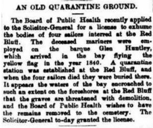 Relocation of the graves of the sailors from the Glen Huntly who died of Typhus at the old Quarantine Station - Red Bluff, Ormond Point - 1840